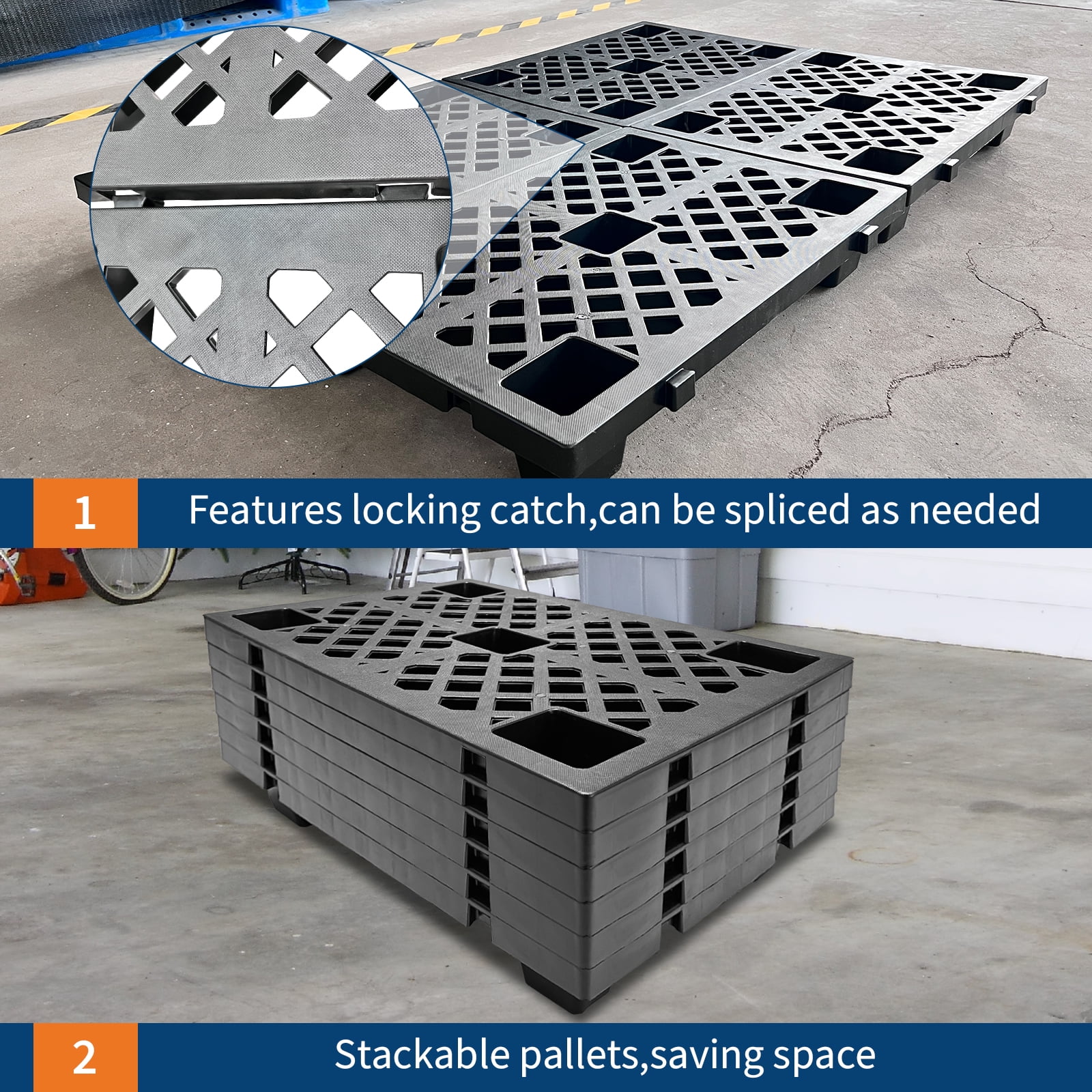 Garvee Heavy Duty Stackable Plastic Pallets – Ventilated Interlinked Grid, 2200lbs Capacity, Waterproof & Damp-Proof, Easy to Clean, Forklift Compatible, for Warehouse, Garage, Basement, 4 Pack