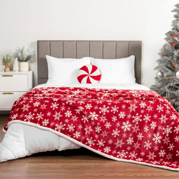 Premium Christmas Sherpa Throw Blanket | Red Snowflake Decoration, Fleece, Plush, Warm, Cozy Reversible Microfiber Holiday Blanket 60 x 80 Inches