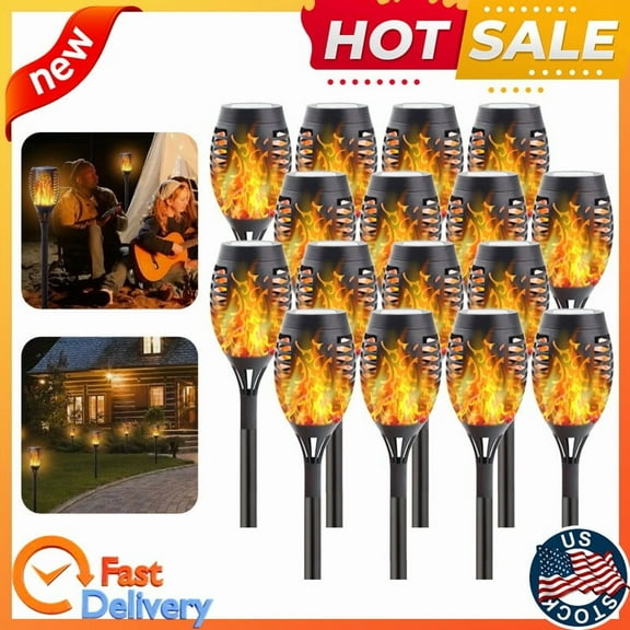 Solar Powered Flame Lights 12 Pack, Outdoor Waterproof LED Torch Pathway Lights Auto Dusk to Dawn