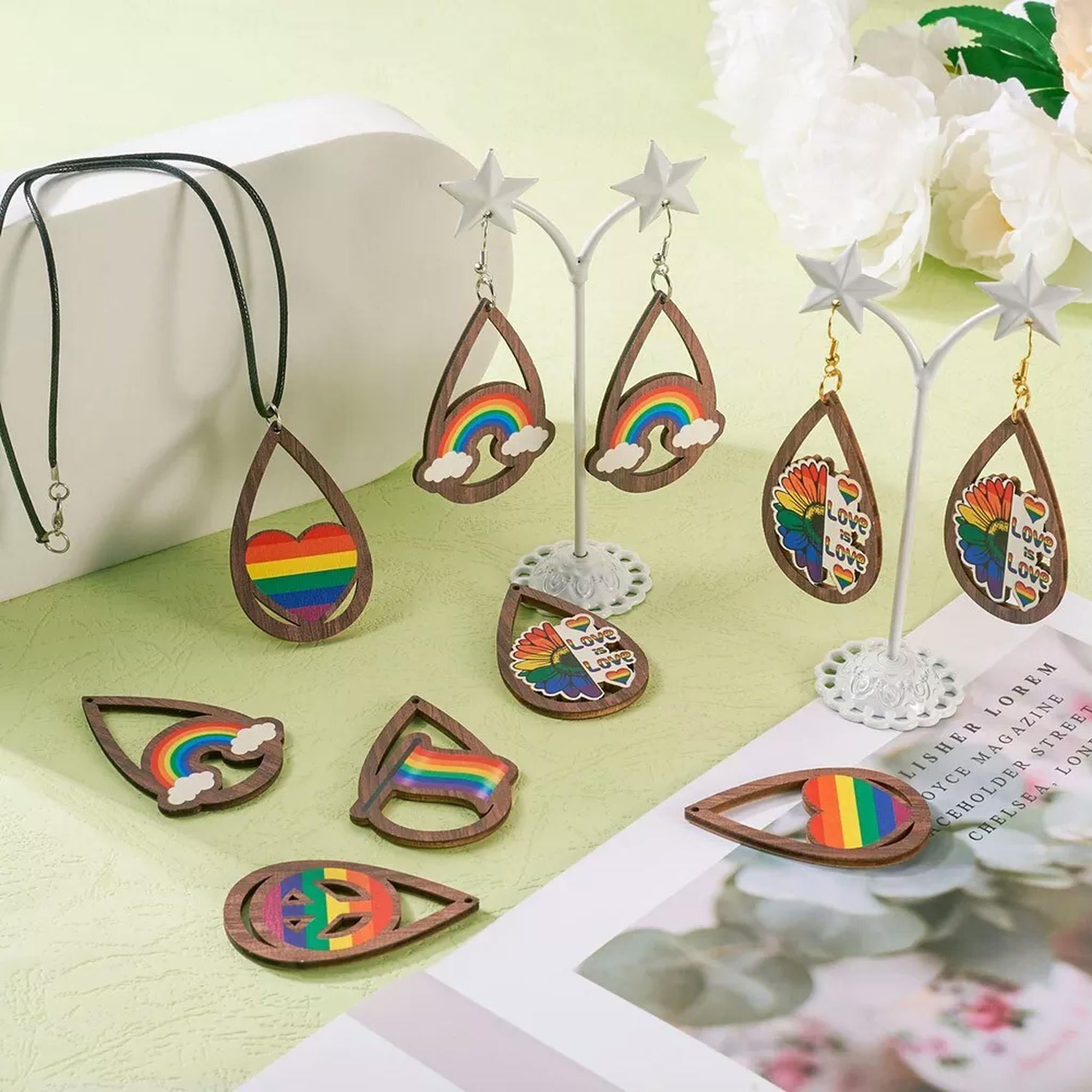 U8MO 200Pcs/box Teardrop Heart Peace Sign DIY Rainbow Color Pride Earring Making Kits
