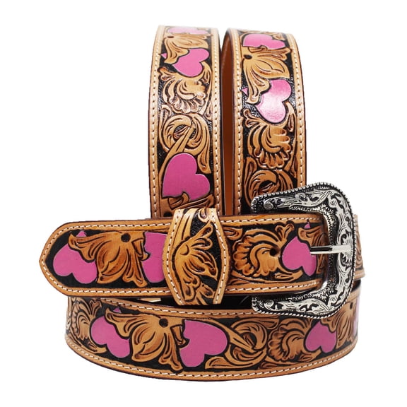 Challenger Western 1-1/2" Floral Tooled Pink Heart Full-Grain Leather Belt 26FK37PK