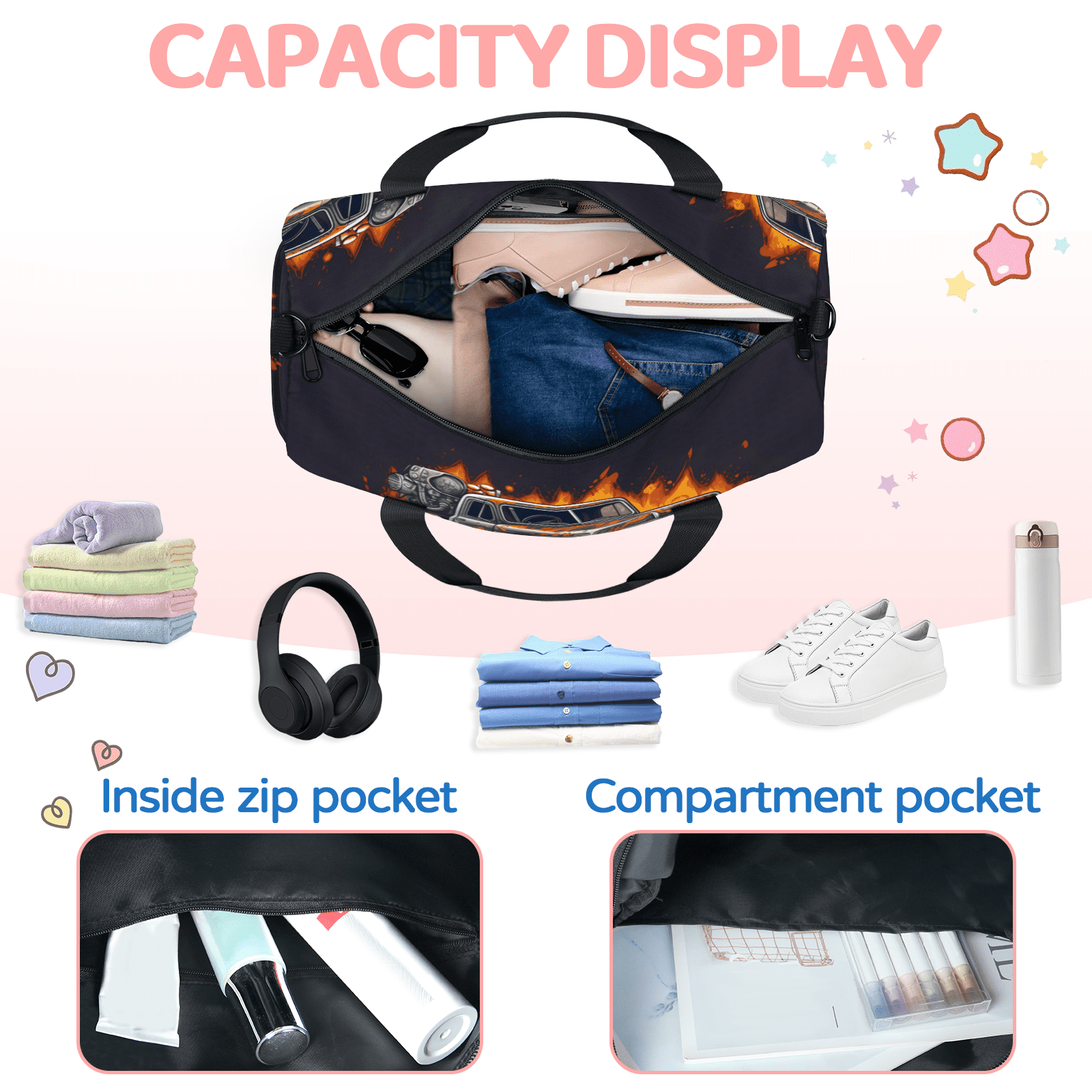 Herdesigns Fiery Monster Car Gym Bag for Women, Duffle Bag for Travel Sport, Lightweight Waterproof Carry on Weekender Overnight Dance Yoga Workout Bags