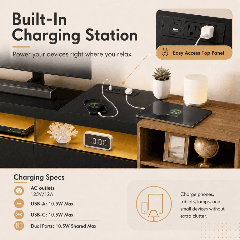 Lacoo 70 Inch TV Stand with LED Lights and Charging Station, Entertainment Center for 43-75 Inch TVs, Media Console with 2 Drawers, Adjustable Shelves and Modular Storage, Black and Brown