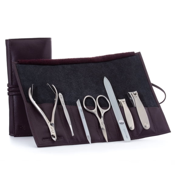 GERMANIKURE 7pc Manicure Set in Dark Purple Leather Case - FINOX Stainless Steel Tools Made in Germany, Glass Nail Care Supplies Made in Czech Republic – Professional Cuticle and Nail Care Kit
