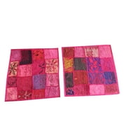 Mogul Indian Ethnic Cushion Cover Pink Embroidered Cotton Patchwork Decorative Pillow Case