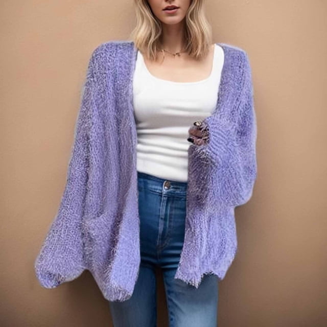 LOVZFMLL Cardigan for Women's Solid Color Furry Loose Pocket Sweater Knitted Cardigan Jacket