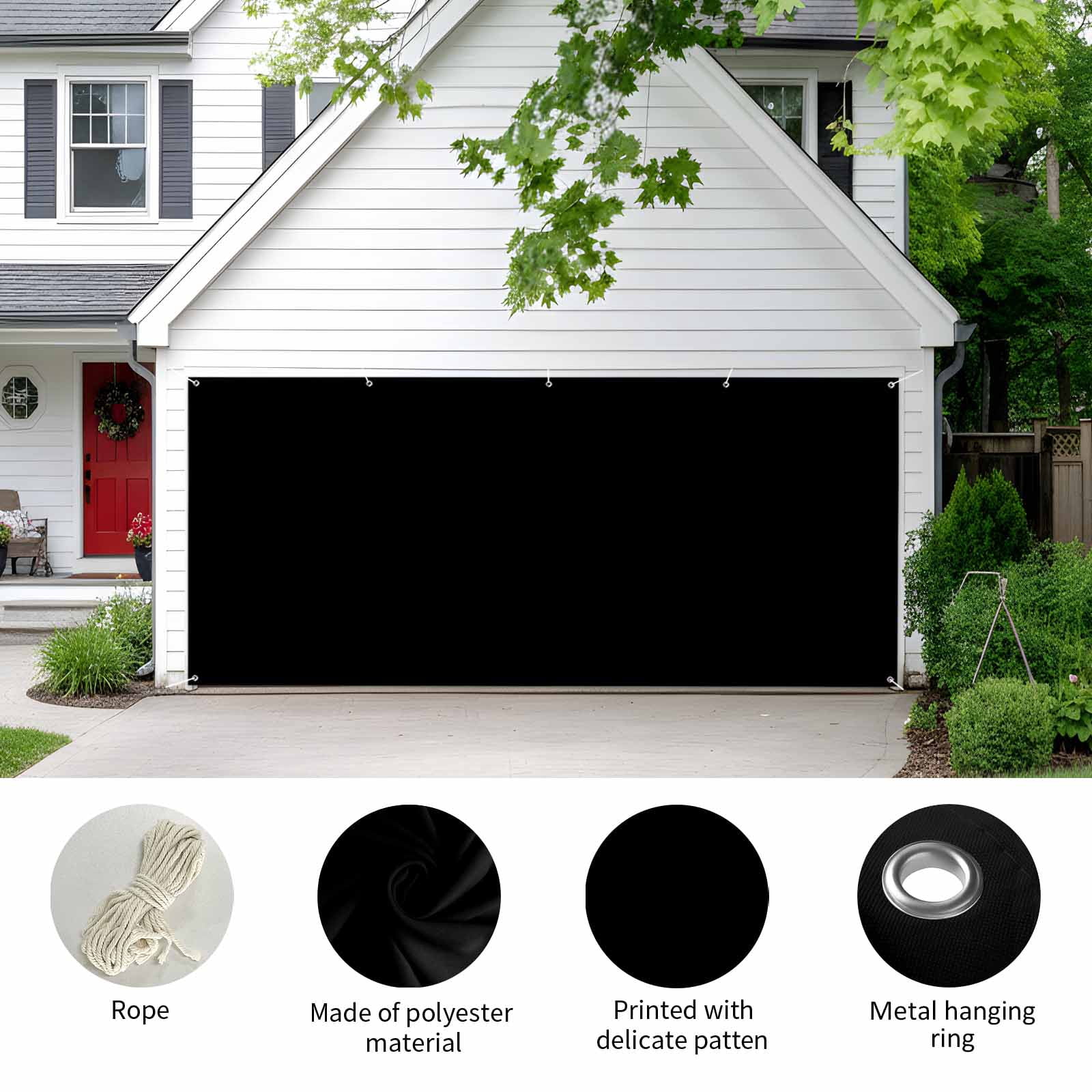 Black Garage Door Cover Banner 7 x 8 FT, Solid Color Farmhouse Black Garage Door Curtains Backdrop with Grommets for Indoor Outdoor Wall Party Porch Yard Decorations Background