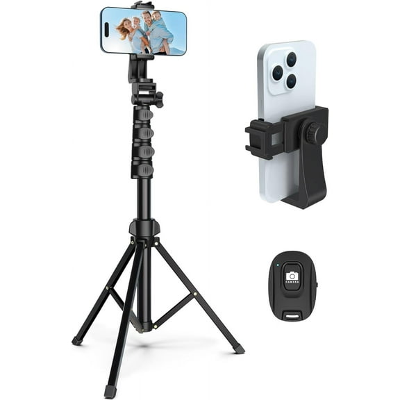64” Tripod for Cell Phone & Camera, Phone Tripod with Remote and Phone Holder, Sturdy & Stable Height Adjustable Multi-Angle Shot Selfie Stick Tripod for Video Recording