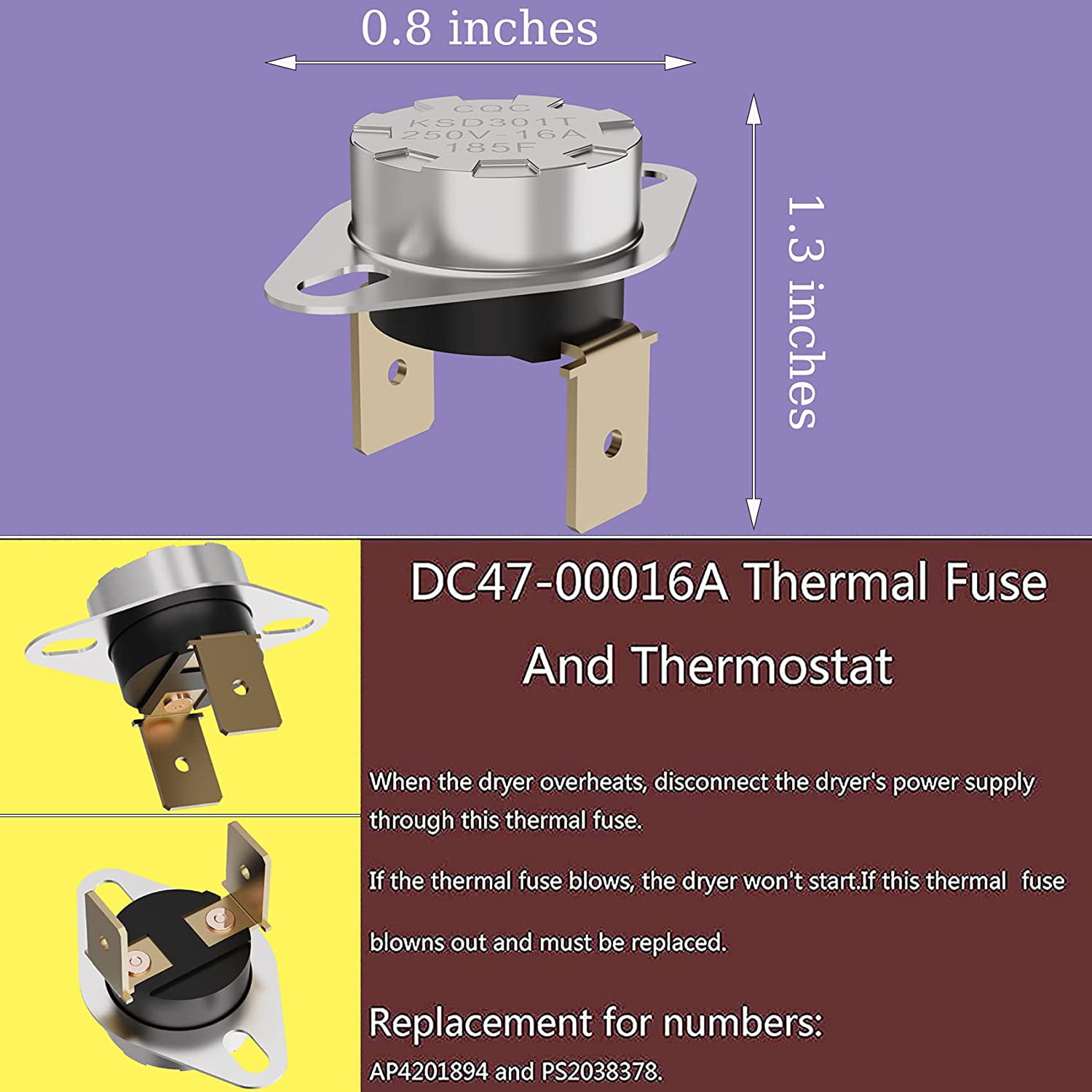 DC96-00887A Thermal Fuse, DC47-00018A for Samsung 3 Piece Dryer Heating Element Thermal Cut-off Fuse and Thermostat DC47-00019A