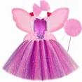 thumbnail image 3 of Vestido de hada con tutú brillante para niñas, disfraz con alas, vestido de princesa de hada con flores de tul rosa y morado, vestido de fiesta de cumpleaños para niños, 3 of 5