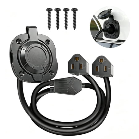 metuvoln RV Shore Power Inlet,NEMA 5-15 15A 125V AC Port Plug with Integrated Dual 18"Extension Cord & Waterproof Flip Cover,for RV Camper Trailer Vehicle
