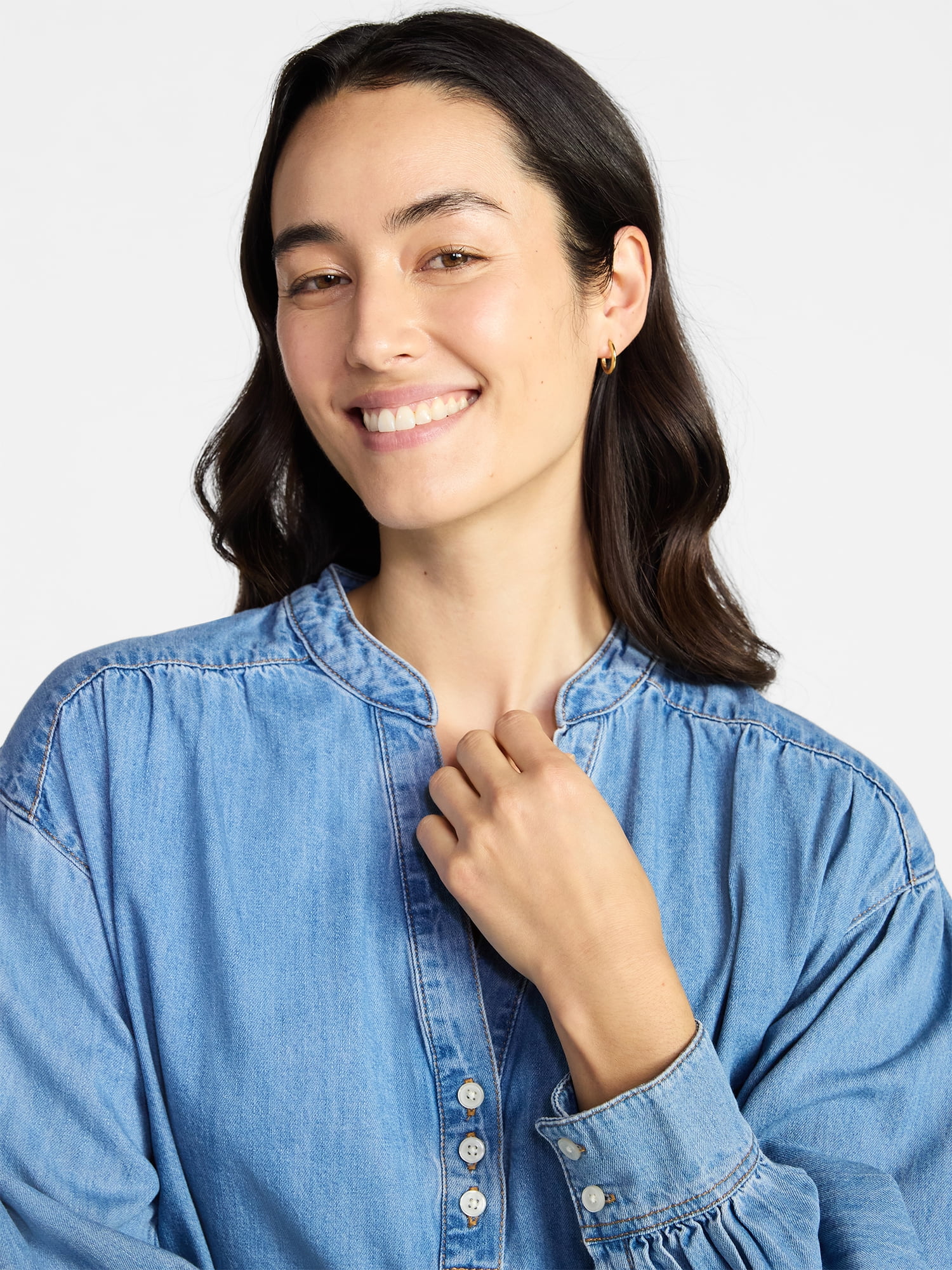 Time and Tru Women's Popover Denim Top with Long Sleeves, Sizes XS-XXXL