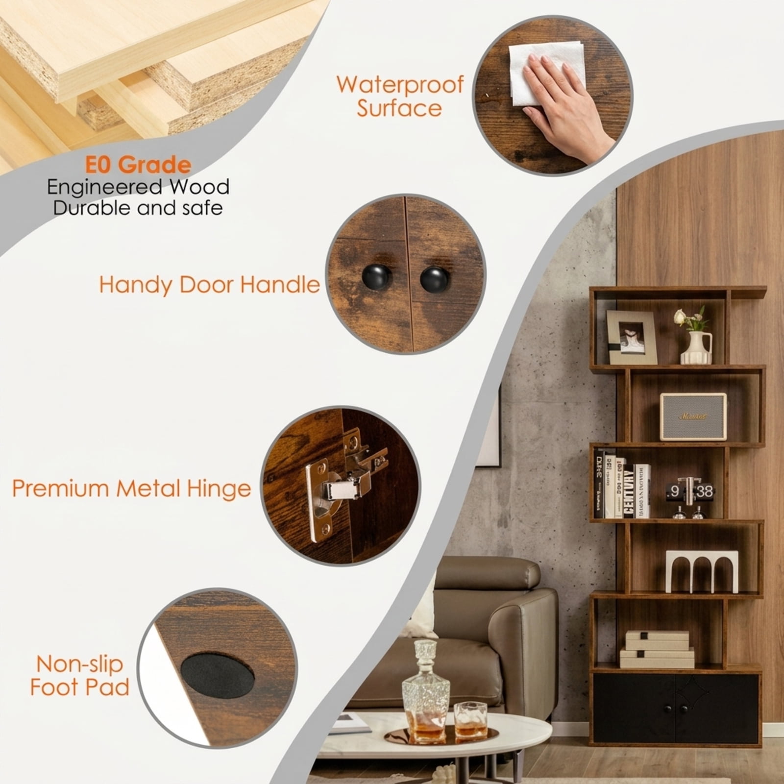 Furnibear 6-Tier S-Shaped Freestanding Bookshelf with 5 Open Shelves and Closed Cabinet Tall Wood Storage for Bedroom and Office, Coffee