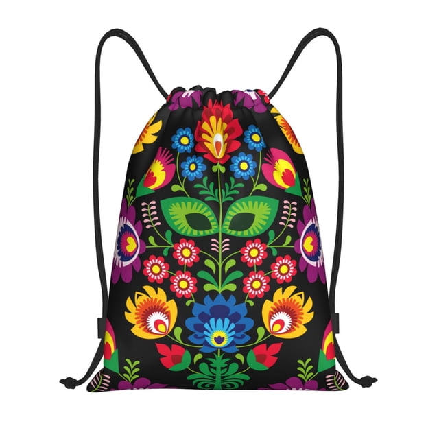 Xecao Traditional Floral Polish Pattern Sports Drawstring Backpack - String Swim Gym Bag with Wet Proof Pocket for Women&Men-Small