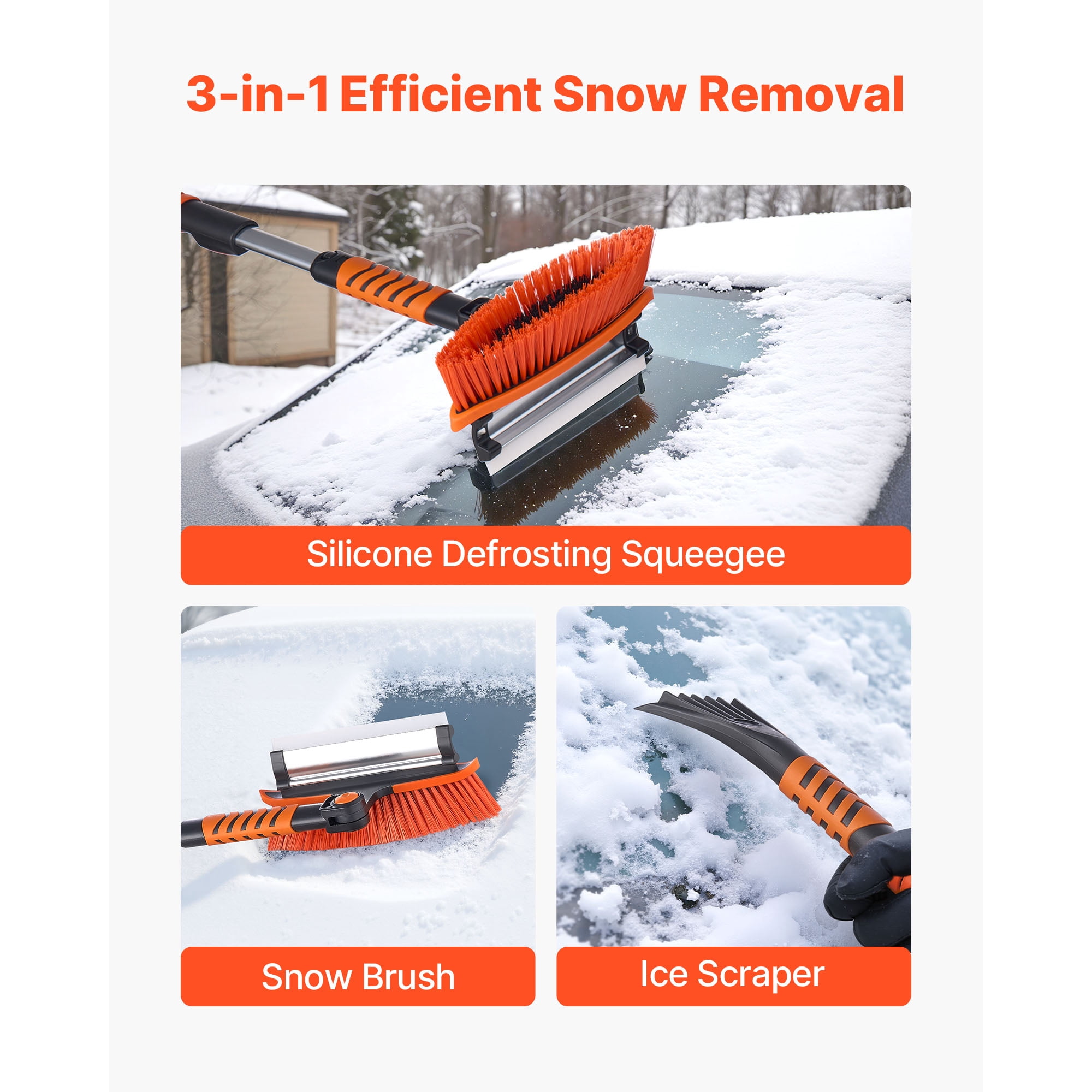 KFFKFF 3-in-1 Car Snow Brush with Ice Scraper, Squeegee, and Adjustable 180° Brush Head, Extendable Aluminum Handle (34.3"-42.1") with Foam Grip for Windshield, Windows, RVs, Trucks, and SUVs
