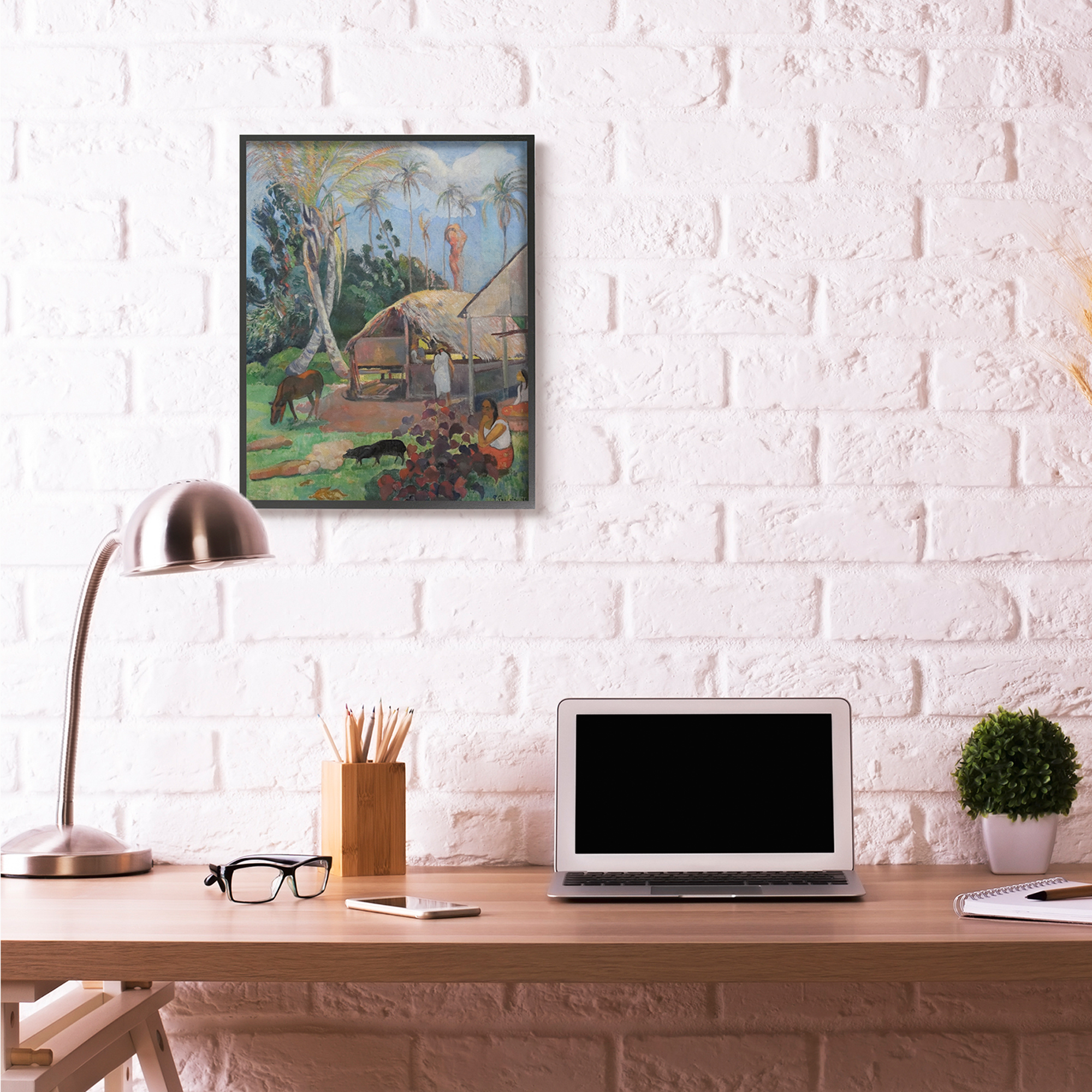 Stupell Industries Village Farm Native Figures Classic Painting Black Framed Art Print Wall Art, 24x30, by Paul Gauguin
