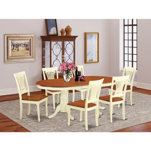 Modern 7 Piece Dining Set - Oval Table with Butterfly Leaf & 6 Chairs - Buttermilk & Cherry Finish