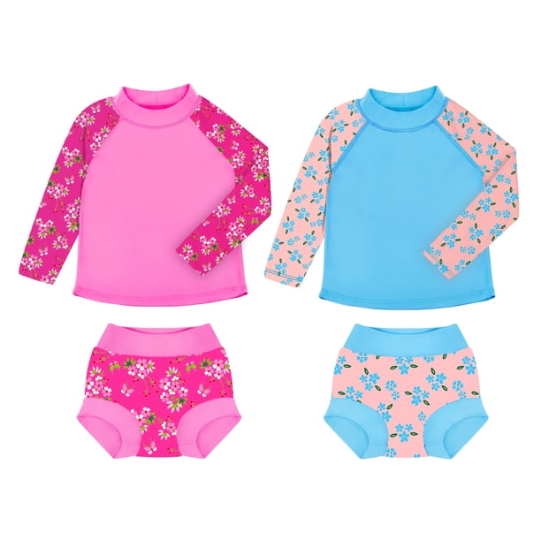 BIG ELEPHANT Paquete de 2 Trajes de Baño Unisex de Manga Larga con Protección Solar UPF 50+ y Pañales de Natación Incorporados para Bebés y Niños Pequeños, Tallas XS-XXL