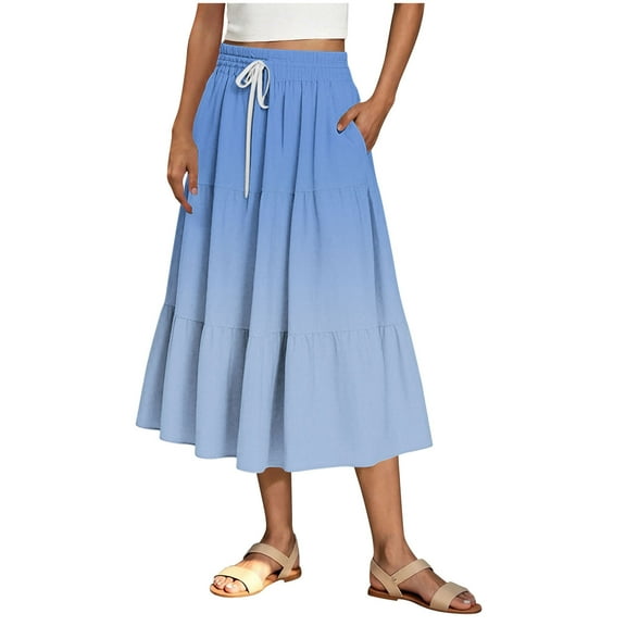 Women's Gradient Boho Flowy Midi Skirt Summer Casual Elastic High Waist Tiered Long Skirts with Pockets