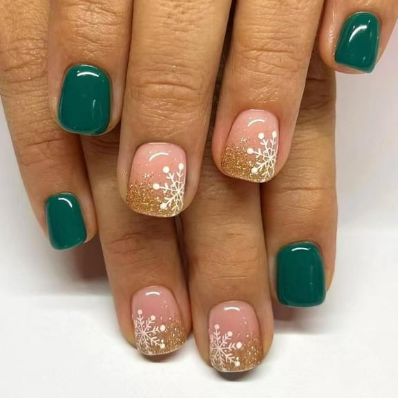Christmas Press on Nails Short Square Fake Nails Green Full Cover False Nails with Design Snowflake Glue on Nails Glossy Artificial Acrylic Gold Glitter French Tip Stick on Nails for Women Manicure