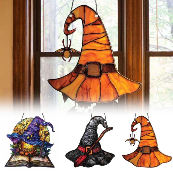BESEW7 Halloween Witch Hat, Acrylic Window Hanging Ornament for Porch Wall Door, Fall Decorations for Home Thanksgiving Modern Farmhouse