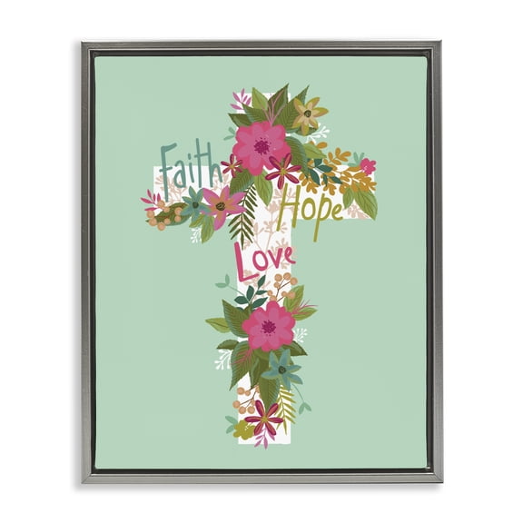 Stupell Industries Cottage Faith Hope Love Floral Cross Gray Floating Frame Canvas Art, 17 x 21, by Lisa Perry Whitebutton