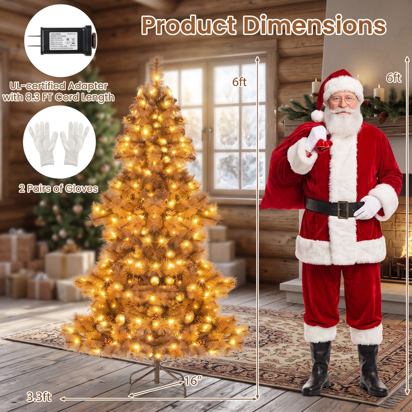 RUIE 6 Ft Artificial Christmas Tree with 493 Branch Tips and 200 Warm White LED Lights, Pre-Lit Hinged Pine Xmas Tree with Metal Stand for Home Office, Chocolate Brown
