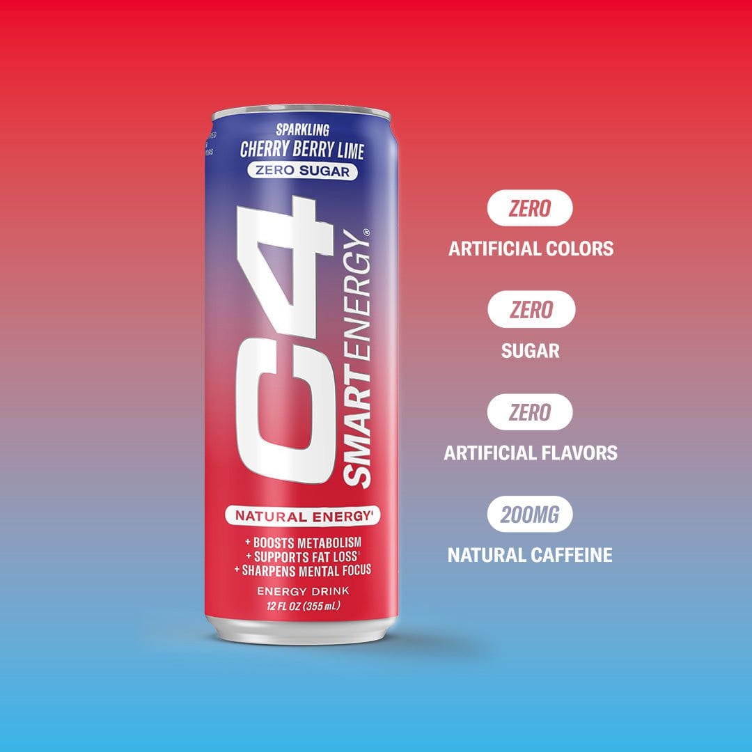 C4 Smart Energy Drink, Cherry Berry Lime Flavor, Zero Sugar, Carbonated, 12 oz can (12 pack)