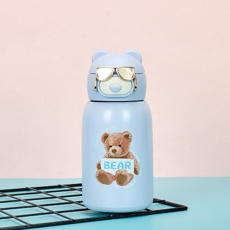 Y.Byani Stainless Steel Water Bottle For Kids Baby Children Student  Portable Teddy Bear Vacuum Flask With Straw 17oz/500ml (Blue)