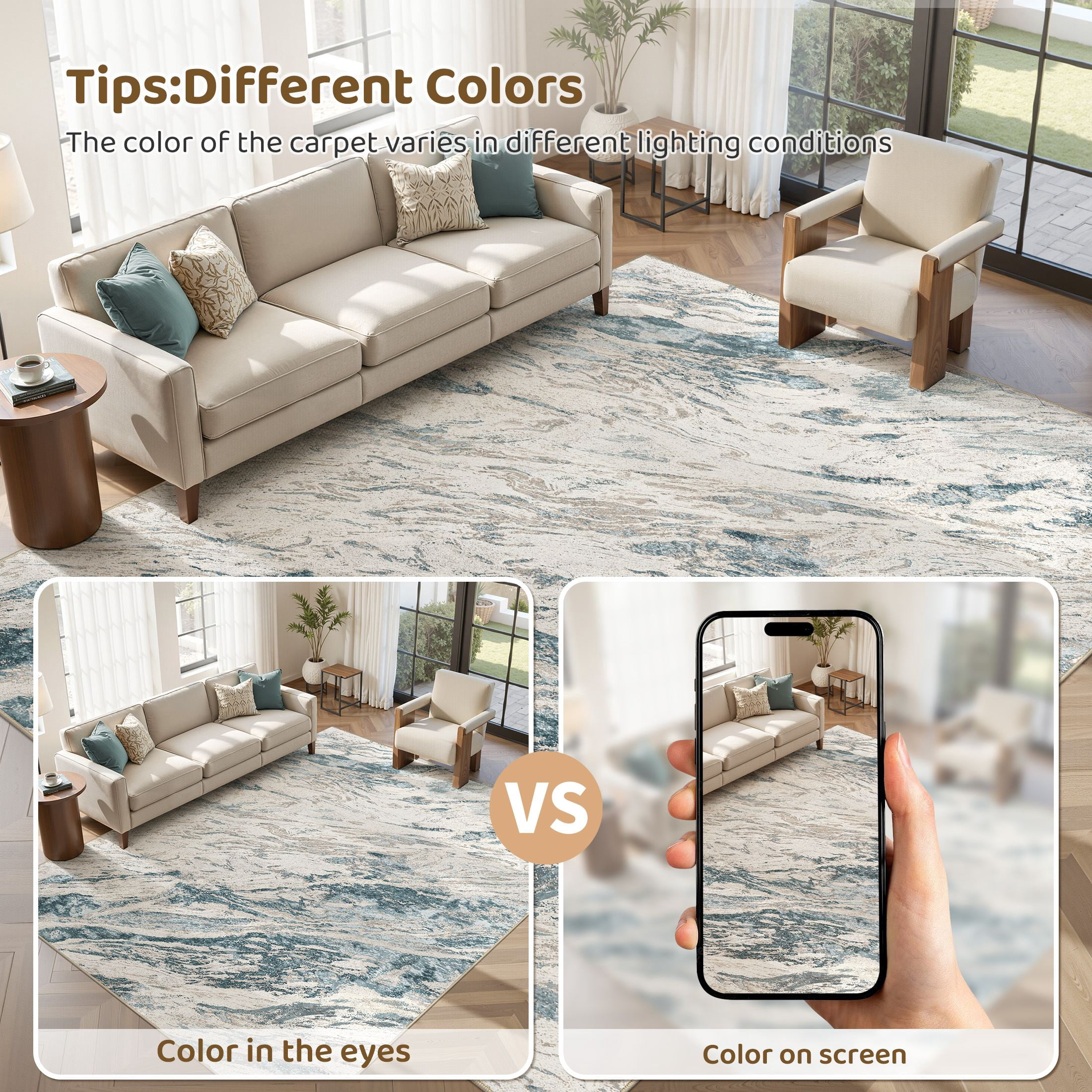 MICGEEK 6x9 Washable Area Rugs for Living Room, Modern Abstract Printed Rug, Vacuum-Friendly, Non Slip Indoor Rug for Bedroom Dining Room Home Decor Carpet, Blue/Brown