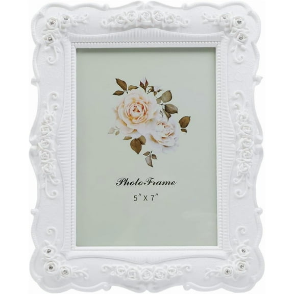 Vintage white 5x7 Picture Frame, white 5 by 7 Antique Photo Frames, Ornate Textured Hand-Crafted Resin Frame with Glass Front for Tabletop Display, Retro Design Home Decor