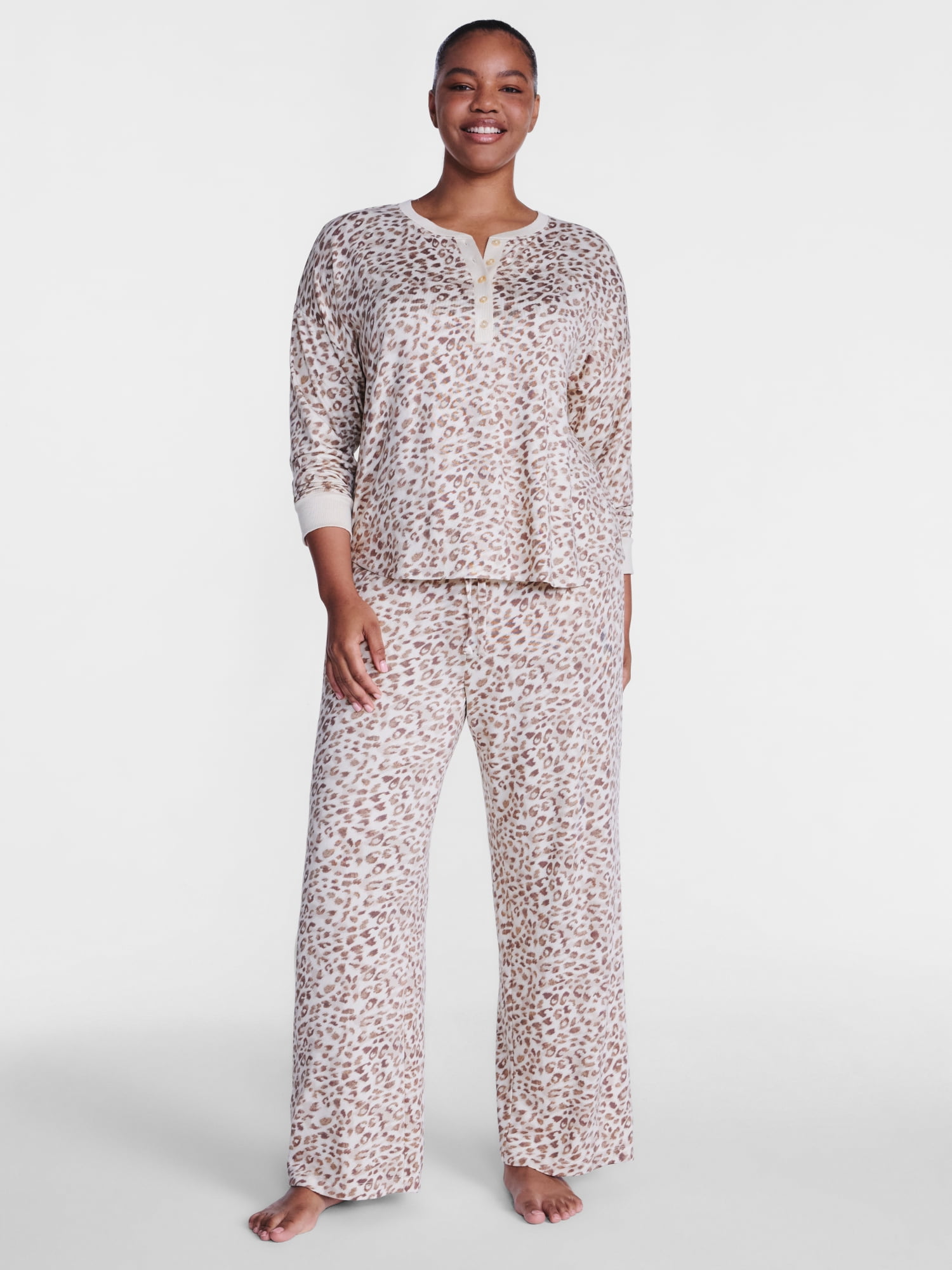 Joyspun Women's Cozy Lounge Collection Hacci Henley Top and Pants, 2-Piece Pajama Set, Sizes XS-3X