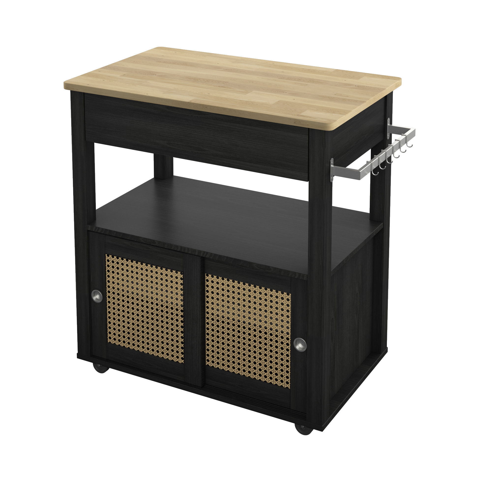 Twin Star Home Boho Kitchen Storage Cart with Sliding Doors, Black