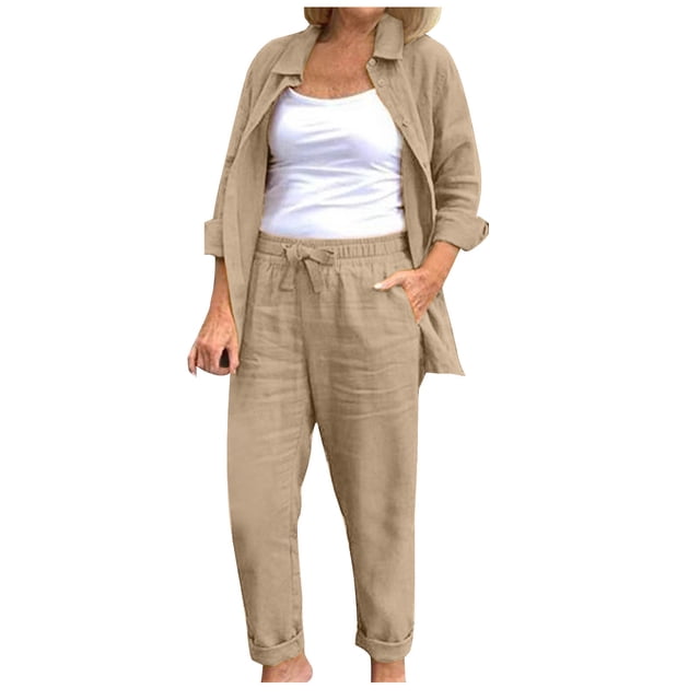 Timegard 2pc Lounge Sets for Women Collared Button down Long Sleeve Tops Drawstring Elastic Waist Tapered Pants with Pockets Sets