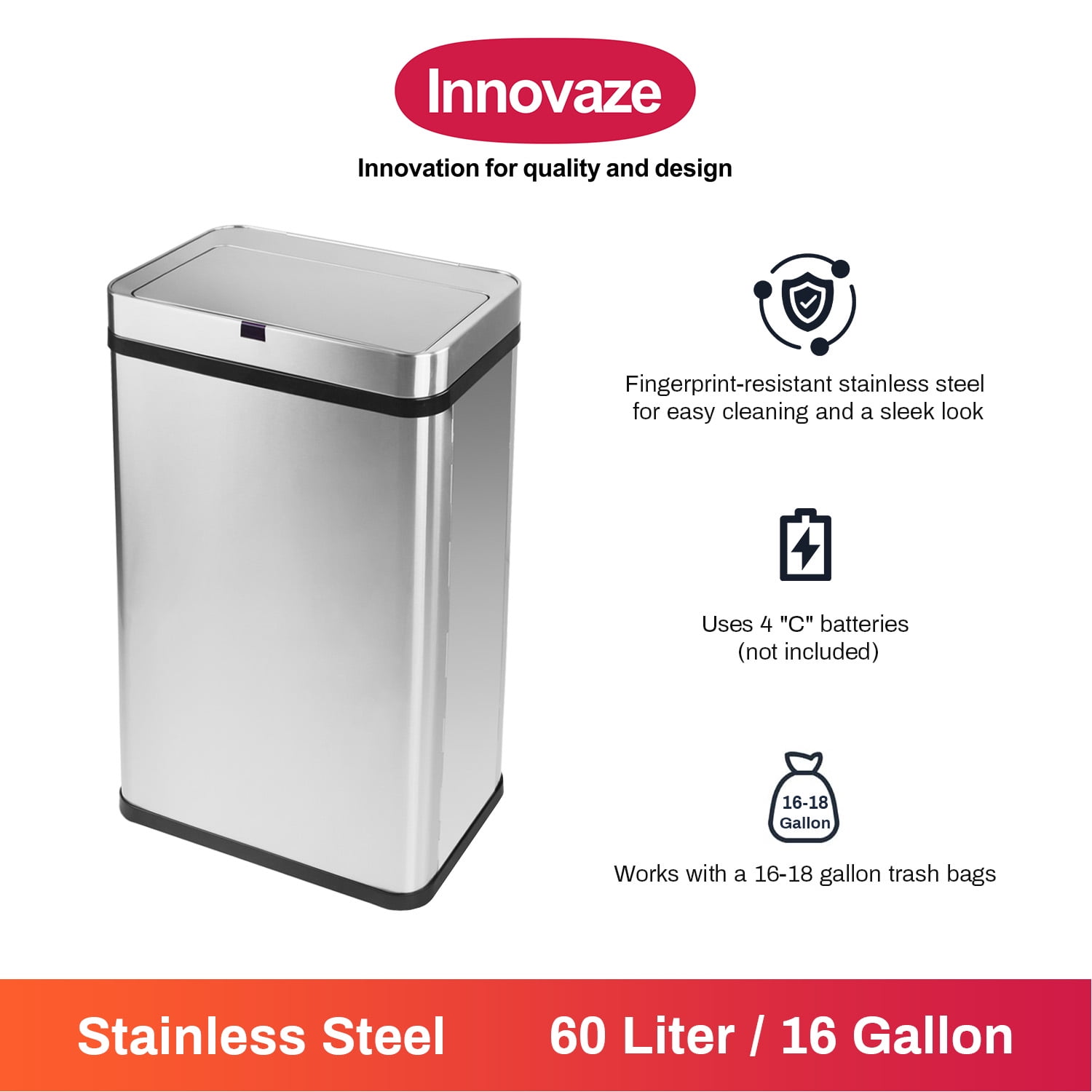 Innovaze 16 Gallon Stainless Steel Motion Sensor Trash Can with Removable and Portable Design, Silver