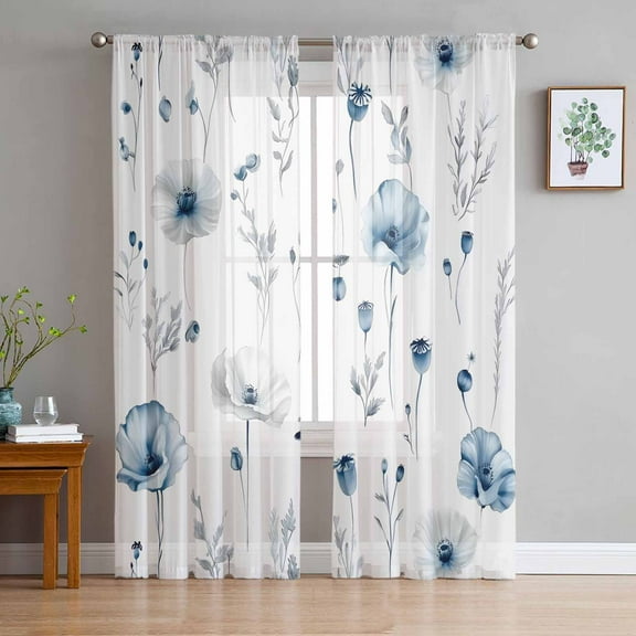 Blue Flowers Sheer Curtains 72 Inches Long 2 Panels Set, Window Sheer Curtains for Living Room/Bedroom, Spring Botanical Florals Herbs Simple Light Filtering Rod Pocket Curtain 52'' x 72'' x 2