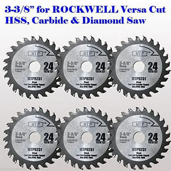 MTP Branded Pack of 6 24 Carbide Tip 3-3/8-inch WOOD Circular Saw Blade for Rockwell Versacut Versa Cut, Makita Cordless 3-3/8" , Craftsman Nextec , Arbor Size 15mm 19/32" 0.59"
