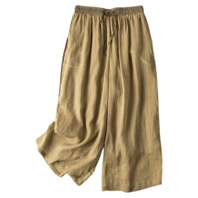 Pantalon Grand Polyvalent pour Femme à Taille Élastique - Pantalon Court en Lin à Garniture Contrastante