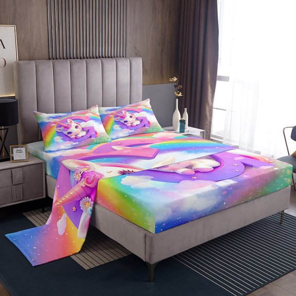 Erosebridal Cartoon Unicorn Bed Sheets Set Twin Size, Glitter Rainbow Bedding Twin Size, Monogrammed G Sheet Set Twin, Breathable Room Decor, 3-Piece