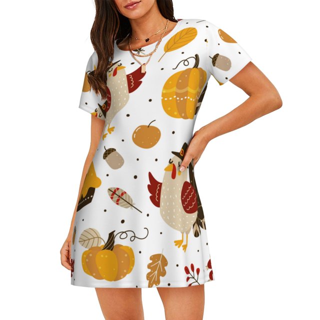 Disketp Happy Thanksgiving para Camisón Corto de Manga Corta para Mujeres, Camisón Cómodo con Escote Redondo, Bonito y Confortable