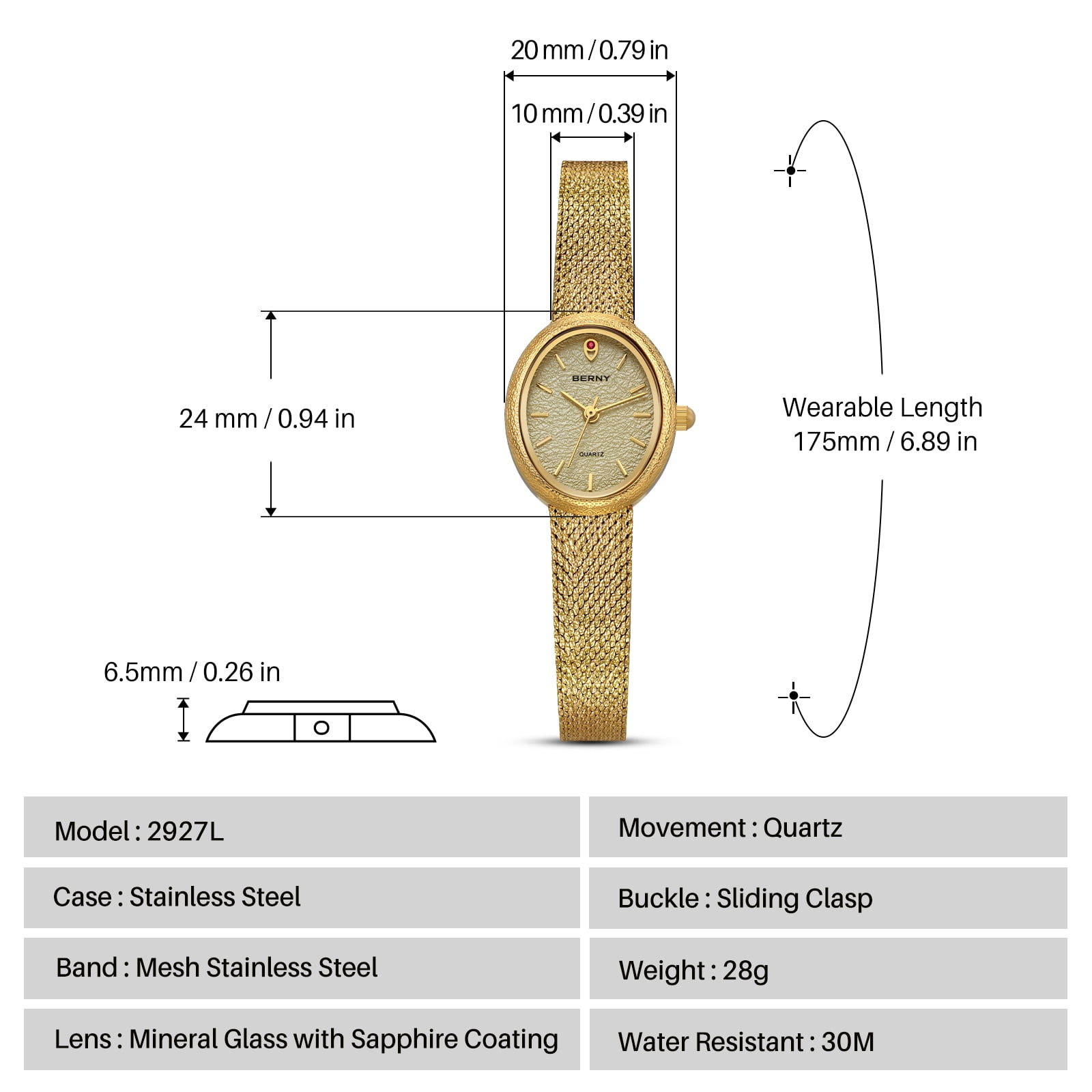 BERNY Small Gold Watches for Women, Dainty Minimalist Oval Dial, Vintage Stainless Steel Bracelet Watch, Adjustable Mesh Band, Waterproof, Luxury Ladies Analog Quartz Wrist Watch Gifts (Gold)