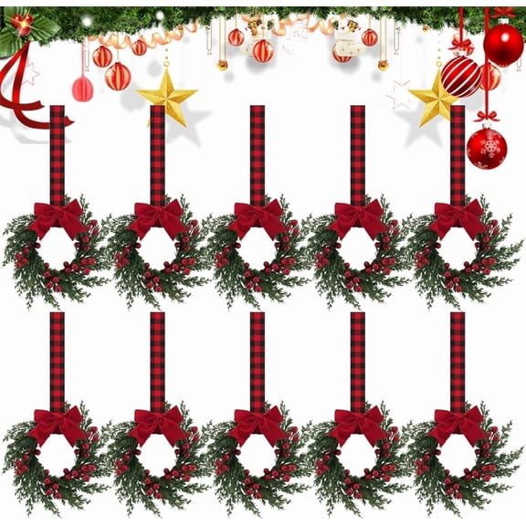 Christmas Mini Wreaths, Set of Small Artificial Pine Cabinet Rings with Bows & Berries, Holiday Door & Window Decor, Hanging Indoor Outdoor Christmas Decorations (Black/Red Check, 10PCS)