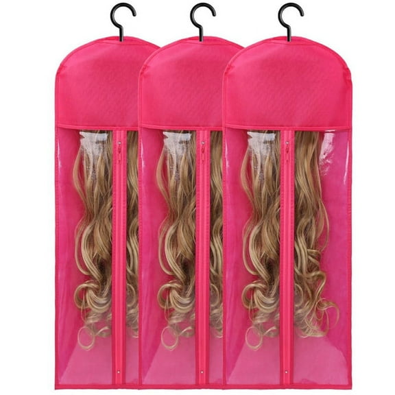 3PCS Extra Long Wig Hanger and Storage Bags, Dustproof and Waterproof Hair Extension Holder, Designed for Wigs Rose Red
