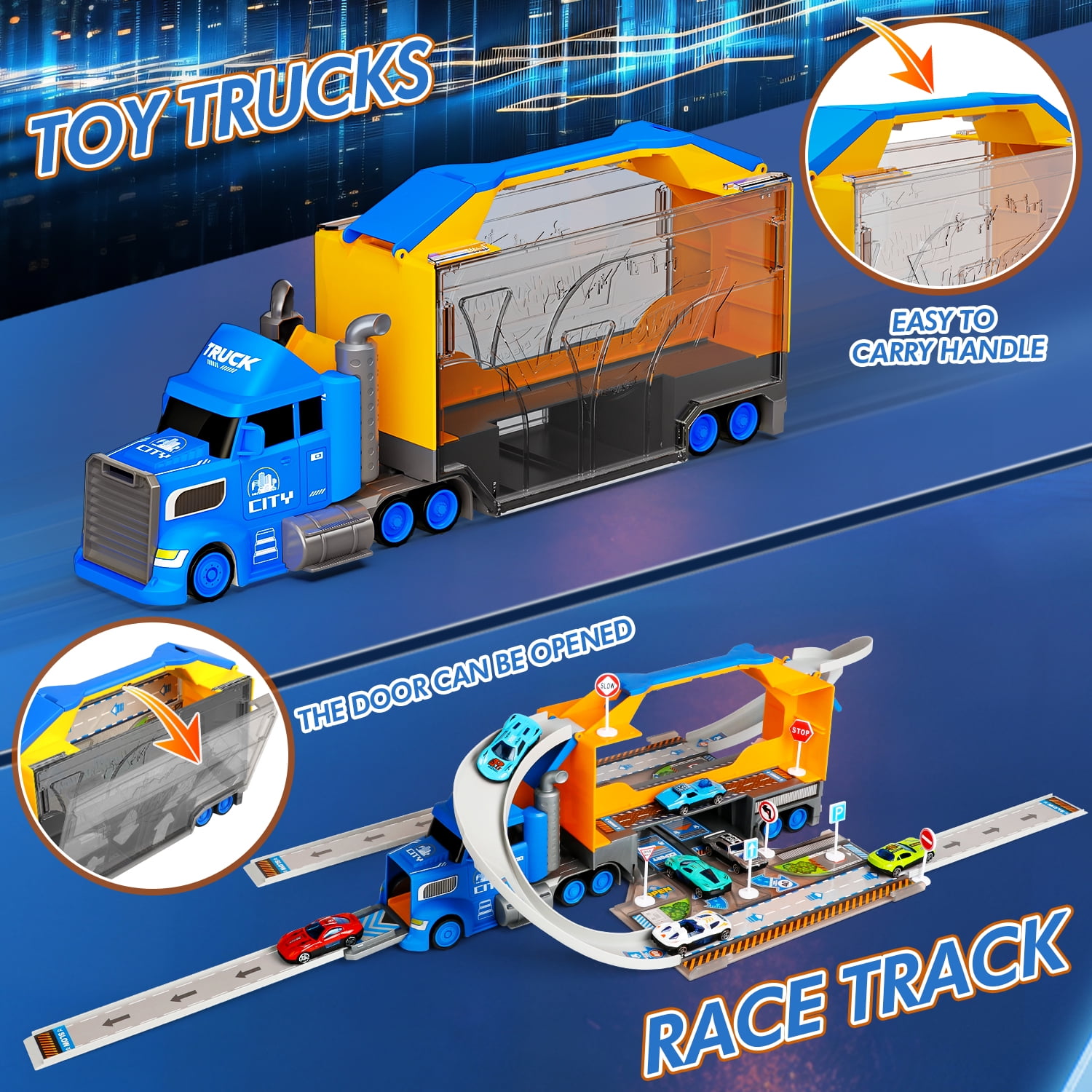 Huge Wave Carrier Truck Race Track Toys for Kids, 2 in1 Transport Trucks Set W/Track & 8 Race Cars, Racing Toys for 3-8 Years Old Boys Kids Toddler Car Set Gifts for Boys and Girls(Blue)