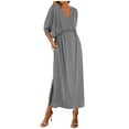 thumbnail image 2 of ZZwxWA Women 3/4 Sleeve V Neck Maxi Dress Summer Casual Solid Elastic High Waist Side Split Long Dress with Pockets, 2 of 5