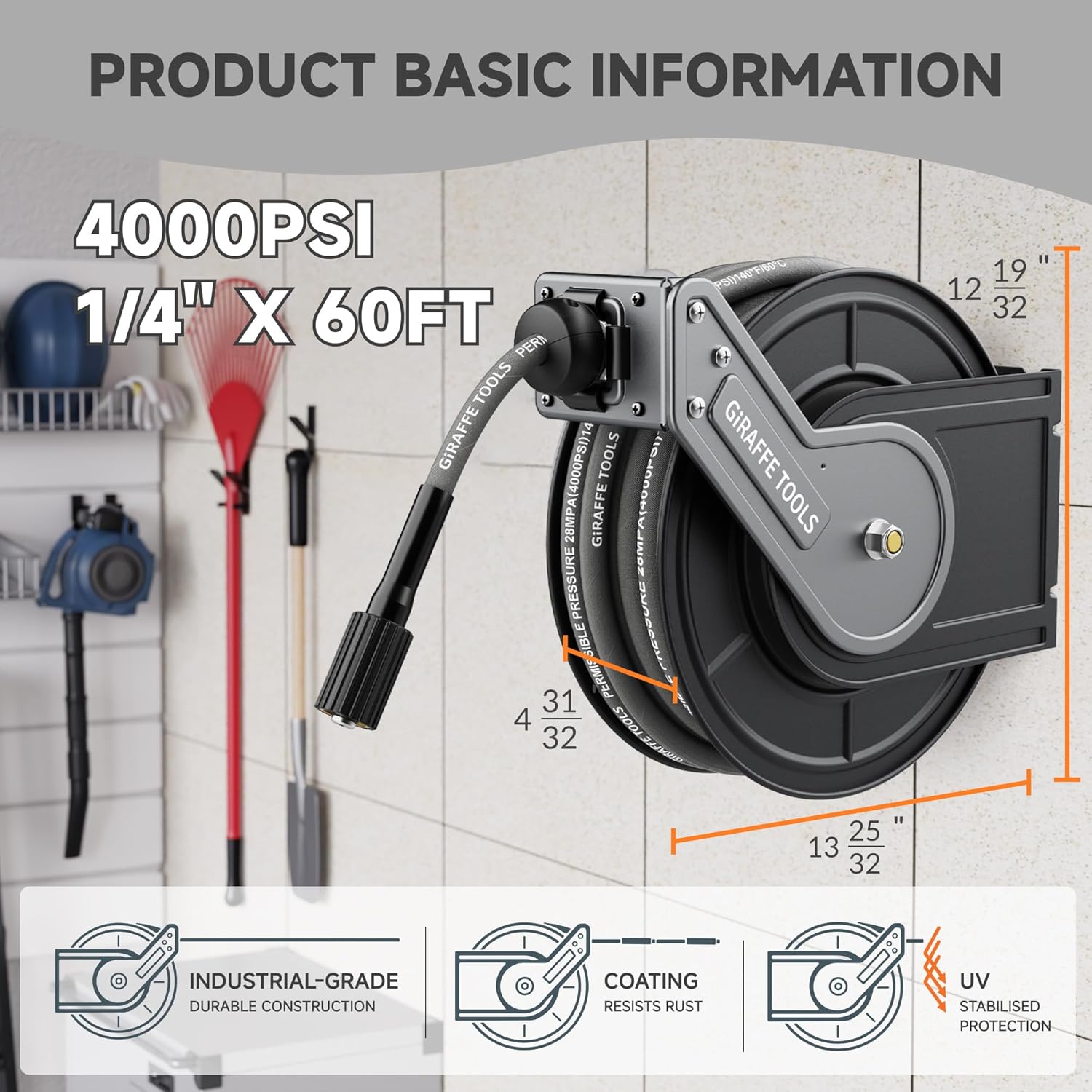 Giraffe Tools 1/4" x 60 ft Retractable Pressure Washer Hose Reel, 4000PSI Hose, Wall/Floor Mounted