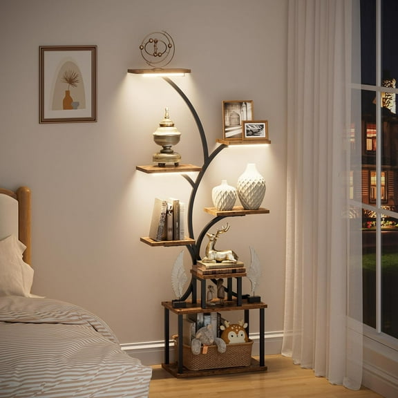 POZILAN 8 Tier Corner Shelf with LED Light, 62.2” Tall Display Shelf, Corner LED Bookshelf Display Cabinet Case with Lights, Collectibles Display Shelf for Living Room,Bedroom Decor