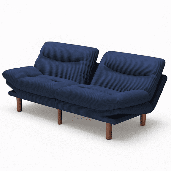 66 Inch Blue Corduroy Convertible Futon Sofa Bed, Multi-Position Reclining Lounger with Wooden Legs for Living Room Guest Room