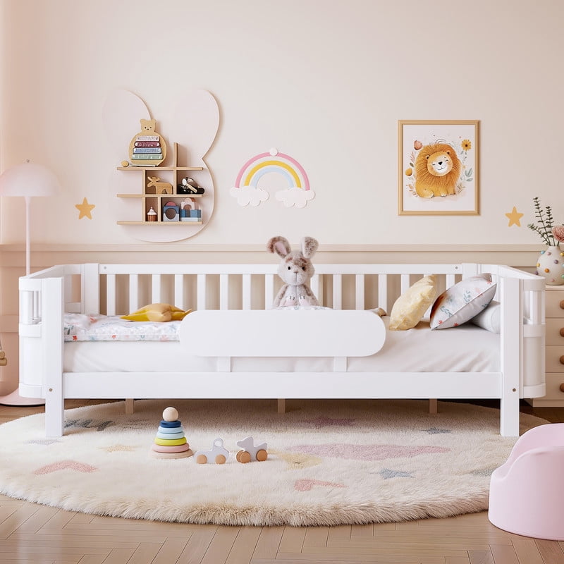 Bellemave Twin Size Bed with Removable Rails, Solid Wood Montessori Bed with Headboard and Footboard, Rounded Corners Twin Platform Bed with Fence, No Box Spring Needed, White