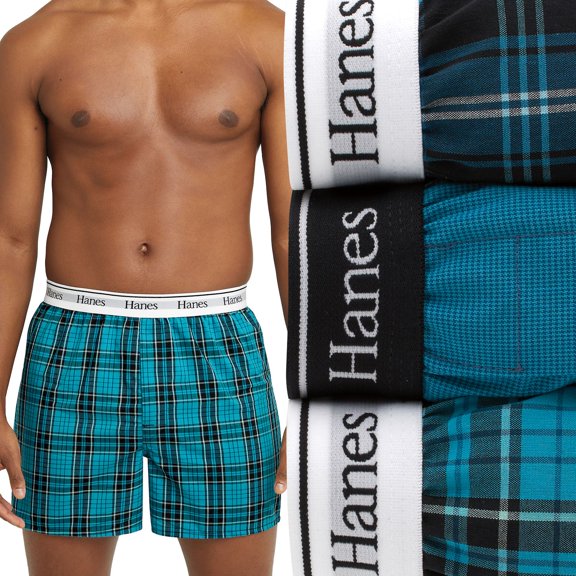 Men's Hanes® Originals Ultimate 3-Pack Woven Plaid Boxers Color: Blue Print Size: L